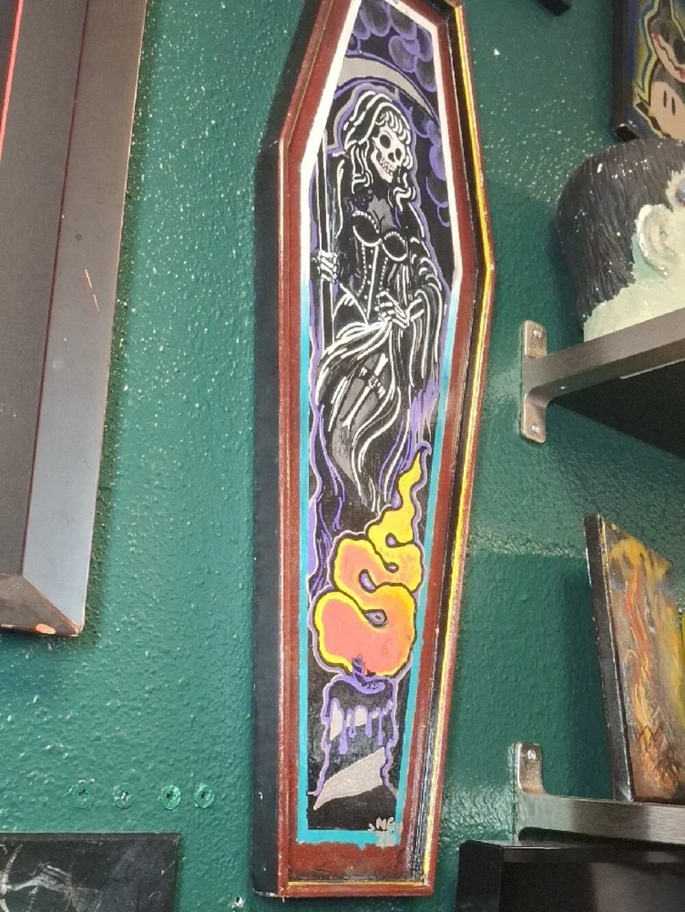 Hand Painted She-Reaper And Candle Painted Coffin